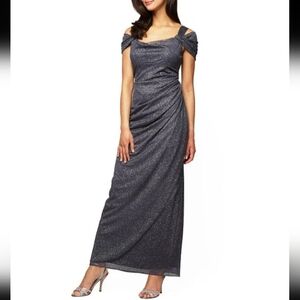 Alex Evenings Womens Cold Shoulder Charcoal Evening Gown